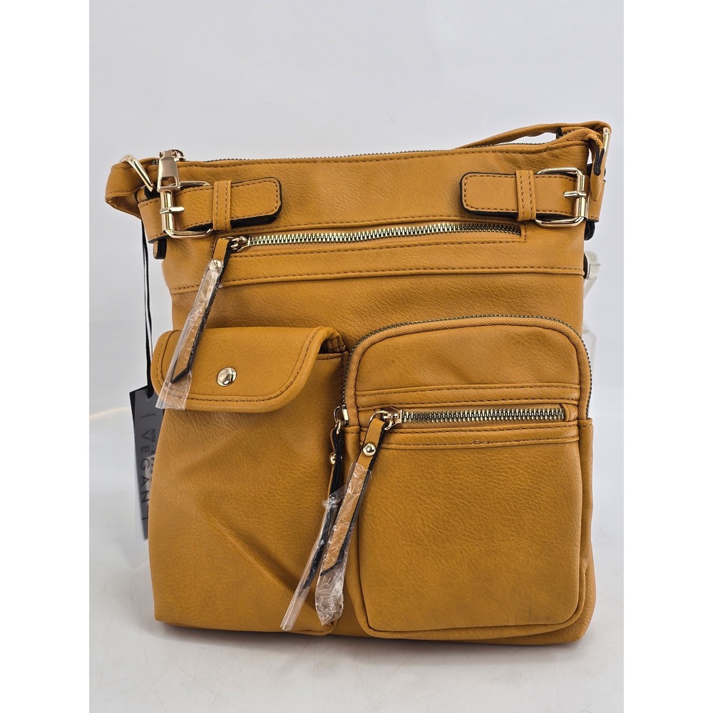 SUGU AM4181 Vegan Leather Crossbody Bag Mustard Yellow Medium Multi Pocket - NEW